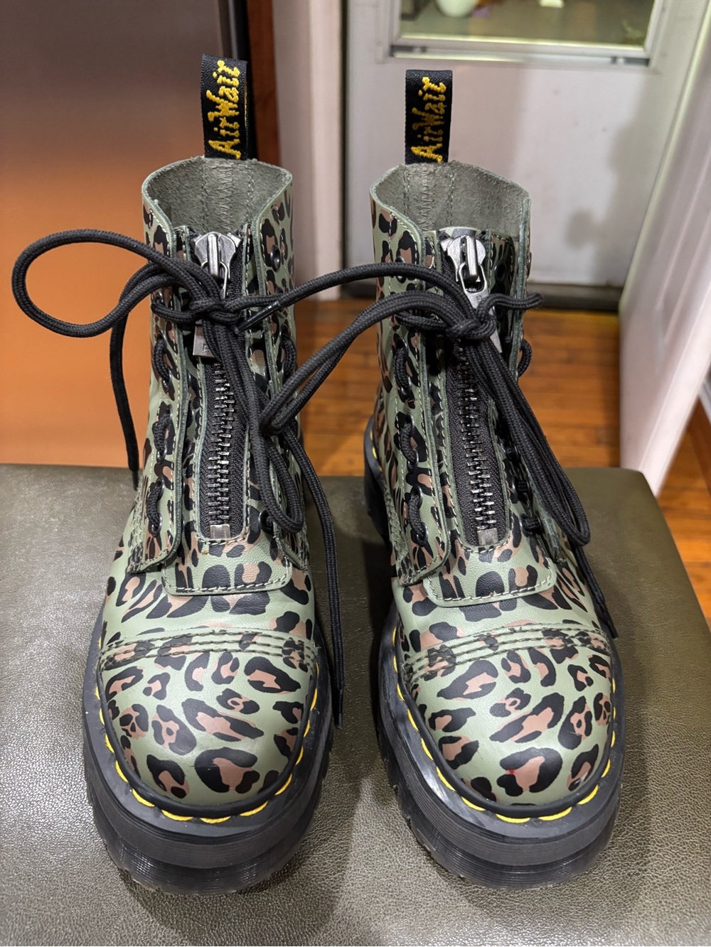 Dr. Martens Sinclair Distorted Leopard Khaki Green Platform Boots Women's US 6